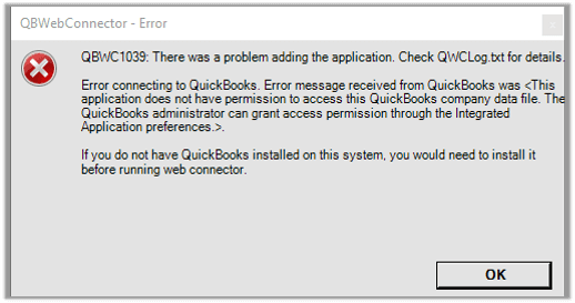 QuickBooks Error QBWC1039