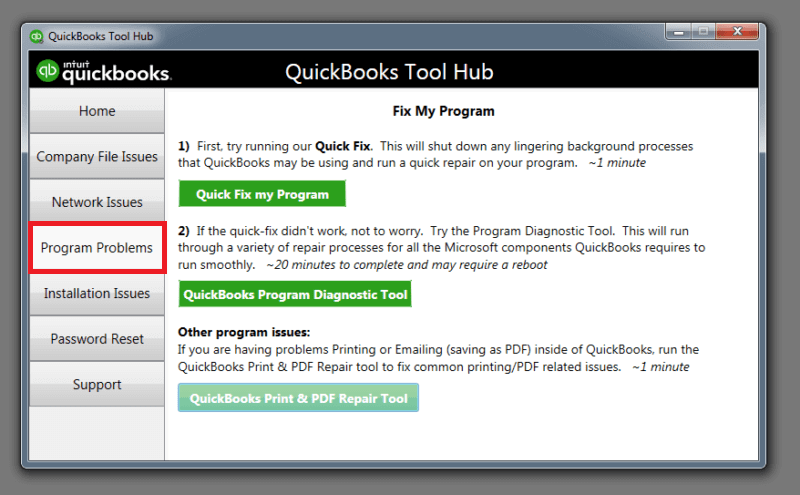 Quick Fix my Program In QuickBooks Tools Hub Snapshot